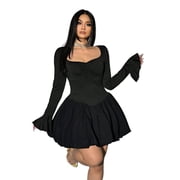 AURA Women Plus Size V Neck A Line Dress Long Sleeve Elegant Ruffle Short Dress