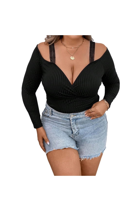 Plus Size Womens Black V Neck Strap Long Sleeve T Shirt Slim Fit Cropped Top Knitted Sexy Winter