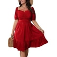 thumbnail image 1 of AURA Plus Size Womens Red V Neck High Waist Midi Dress Short Sleeve Ruched A Line Knitted Commuter Summer, 1 of 5