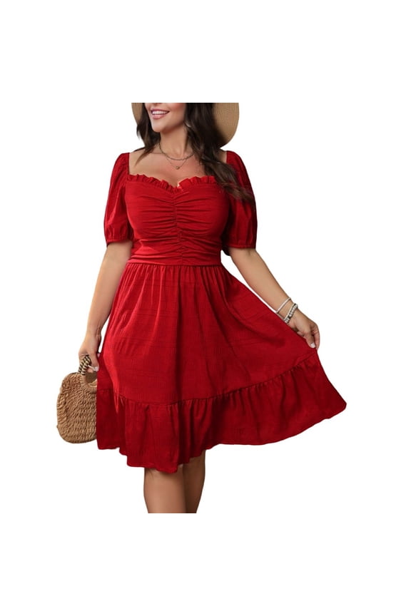 Plus Size Womens Red V Neck High Waist Midi Dress Short Sleeve Ruched A Line Knitted Commuter Summer