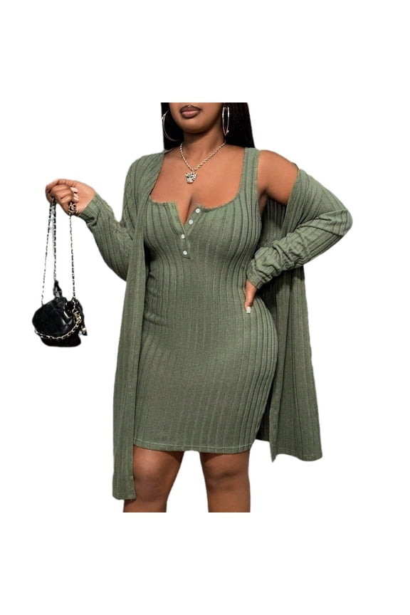 Plus Size Womens Sage Green Cape Dress Two Piece Set Long Sleeve Mini Skirt Suit Knitted Elegant Winter