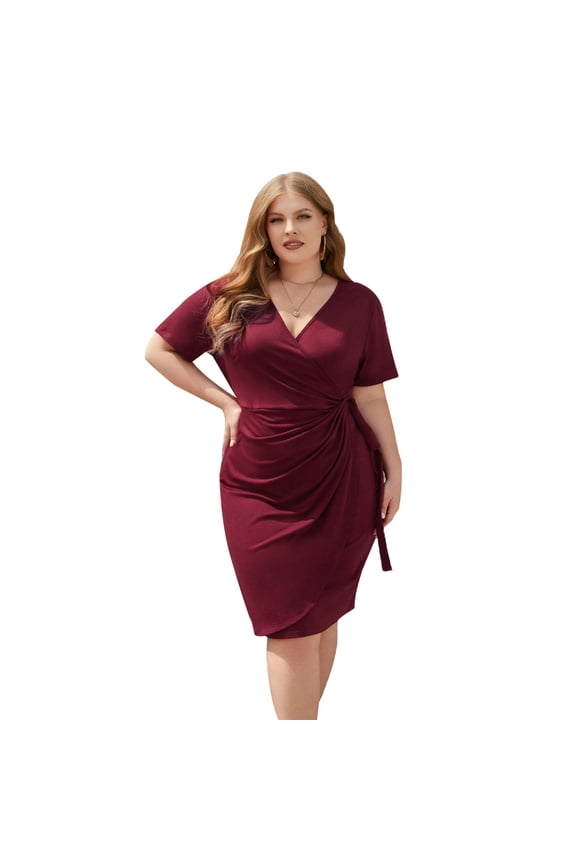 Plus Size Womens Wine Red V Neck Ruched Bodycon Mini Dress High Waist Short Sleeve