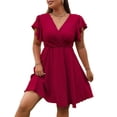 thumbnail image 1 of AURA Plus Size Womens Wine Red V Neck Ruffle Sleeve Midi Dress A Line Cape Fit Elegant Bridesmaid Spring, 1 of 6