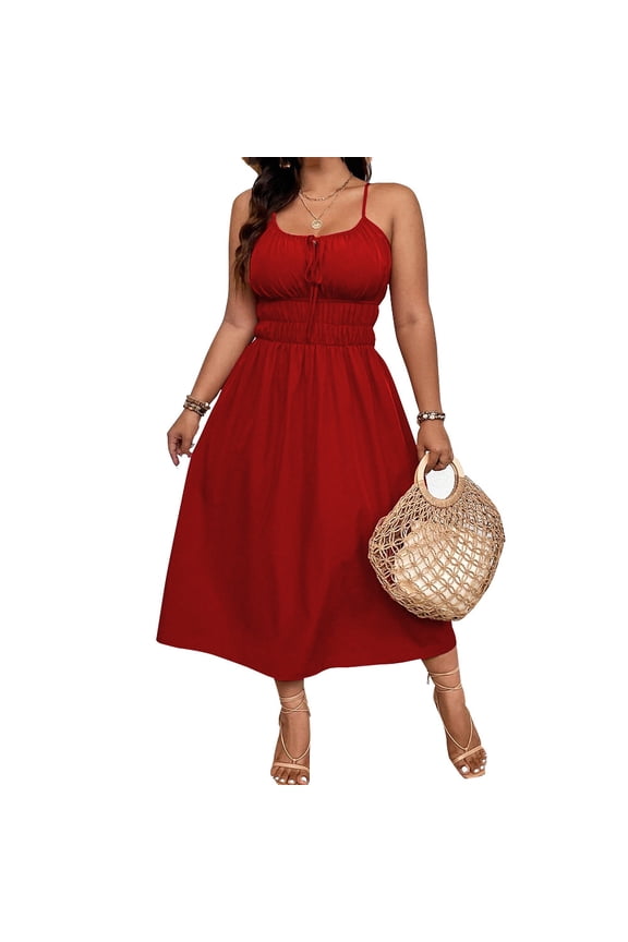 Retro Spaghetti Strap V Neck A Line Midi Knit Dress Ruffle Sleeve Beach Vacation Plus Size 1XL 3XL