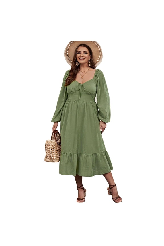 Sweetheart Neck Puff Sleeve Knit Maxi Dress Flowy Ruffle Skirt Mid Waist Green Plus Size 1XL 3XL
