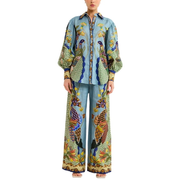 AURA Women 2 Piece Printed Outfit Puff Sleeve Top and Pants Set, Animal Print Fall Fashion S-XXXL