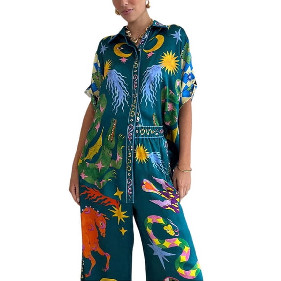 AURA Women 2 Piece Printed Shirt and Pants Set Cotton Linen Spring 2026 Street Style S-XXXL
