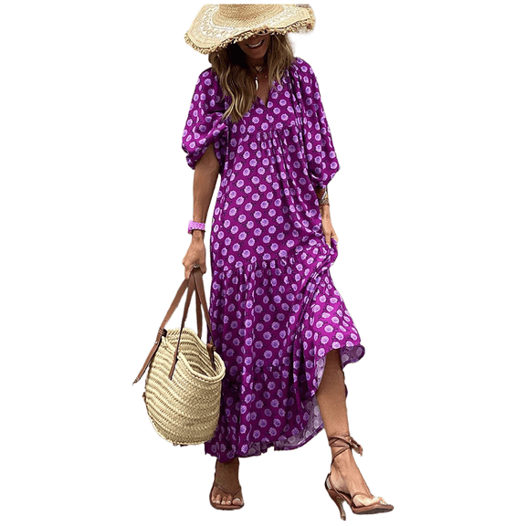AURA Women Bohemian Print Maxi Dress V Neck Loose Waist, 3 4 Sleeve Polyester S-XXL