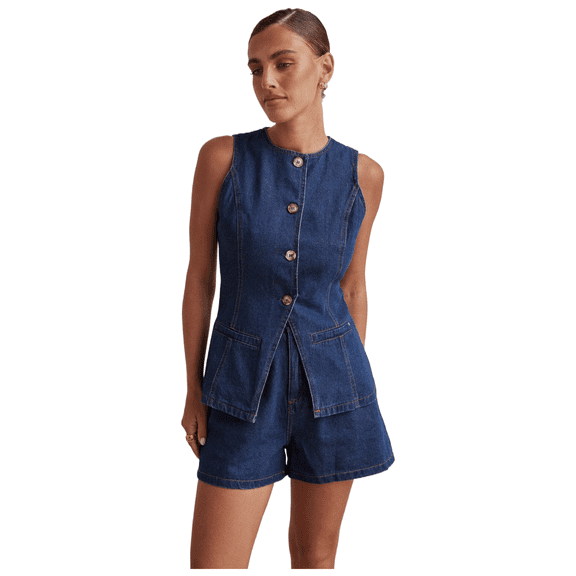 AURA Women Denim Shorts Set Sleeveless High Waist Summer Outfit S-XXL Casual Streetwear