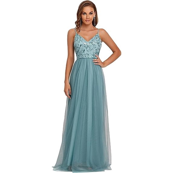 AURA Women Elegant Evening Dress Long Formal Gown Spaghetti Strap Slim Fit Party Dress