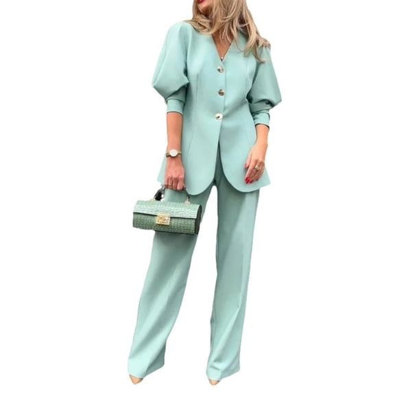 AURA Women Elegant Work Set Lantern Sleeve Top Pants Casual Office Outfit Loose Fit