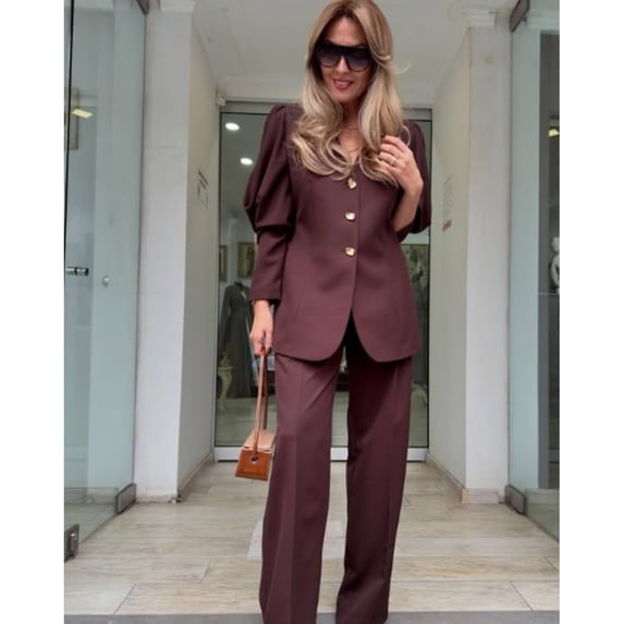 AURA Women Elegant Work Set Lantern Sleeve Top Pants Casual Office Outfit Loose Fit