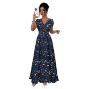 AURA Women Floral Print V Neck Maxi Dress Waist Tie Elegant A Line Summer Casual Dress