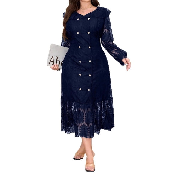 AURA Women Lace Midi Dress Double Breasted Blazer Style Long Sleeve S-4XL Elegant Work Dress Spring 2025