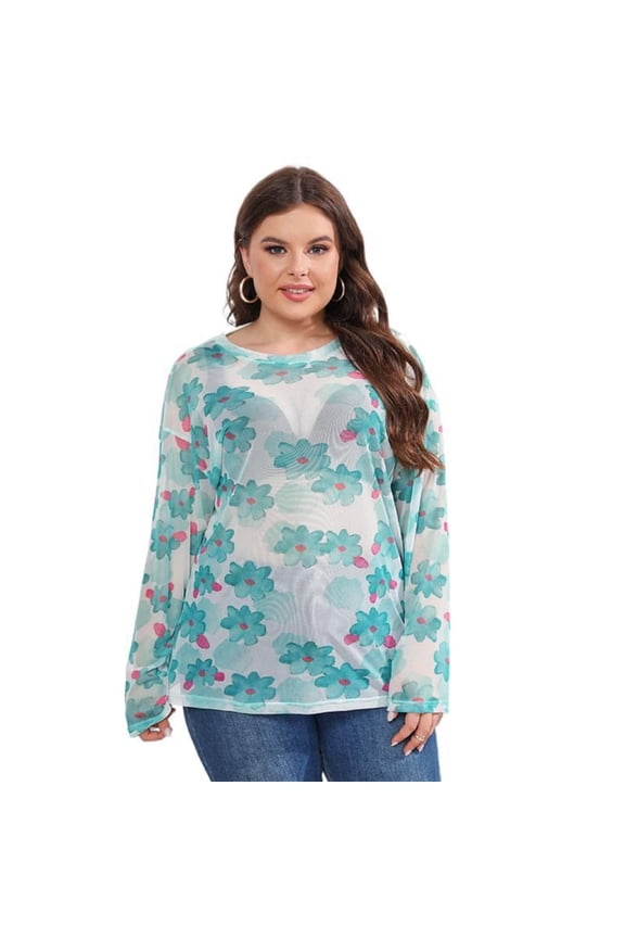 Women Mesh T Shirt Long Sleeve Printed Loose Fit Casual Summer Top Green S M XL 2XL 3XL