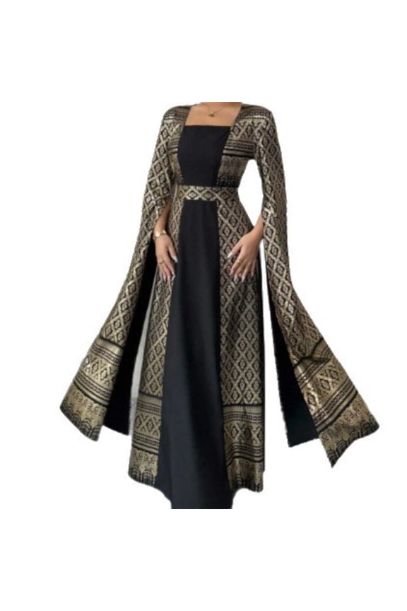 Women Muslim Abaya Dress Long Modest Kaftan Gold Print Waist Tie Maxi Dress