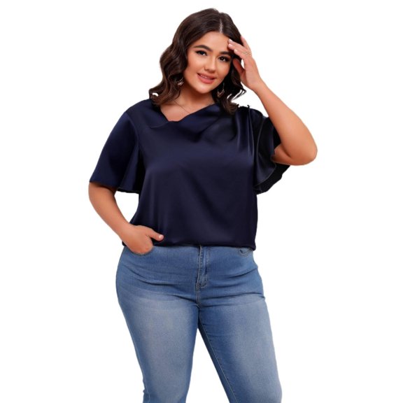 AURA Women Off Shoulder Satin Blouse Ruffle Sleeve Polyester Commuter Top Dark Blue Plus Size
