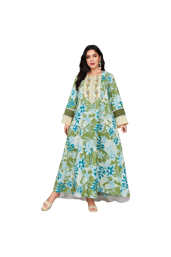Women Plus Size Ethnic Floral Print Maxi Dress Stand Collar Lantern Sleeve Modest Long Dress