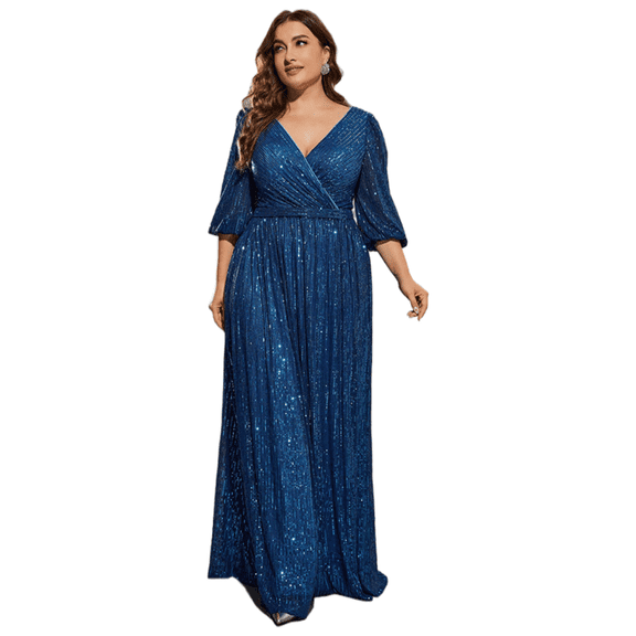 AURA Women Plus Size Evening Gown Deep V Neck Long Sleeve Elegant Party Dress 0XL 4XL