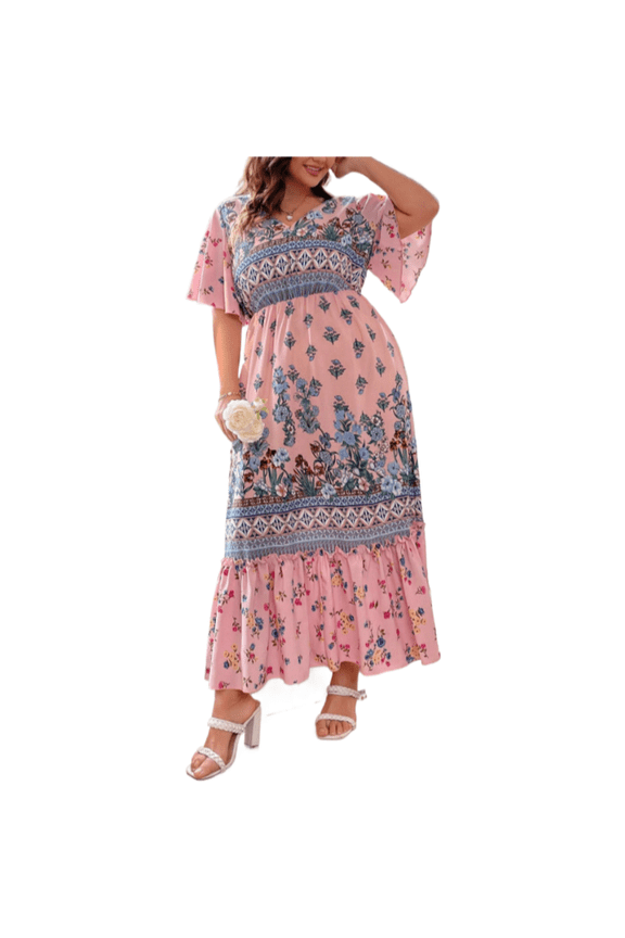 Women Plus Size Floral Maxi Dress Elegant Middle Eastern Long Sleeve Dress