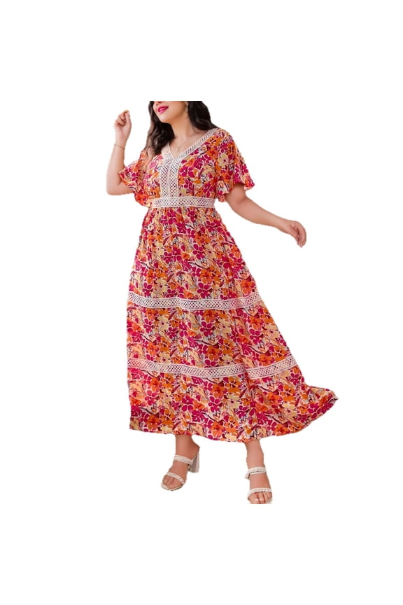 Women Plus Size Floral Maxi Dress V Neck Lace Patchwork Short Sleeve Modest Elegant Dress