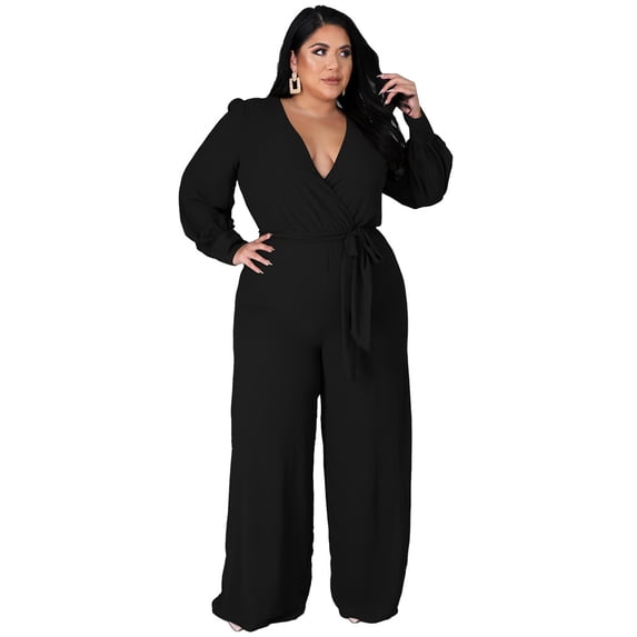 AURA Women Plus Size Jumpsuit Loose Fit High Waist Belted Casual Wide Leg Long Pants Outfit