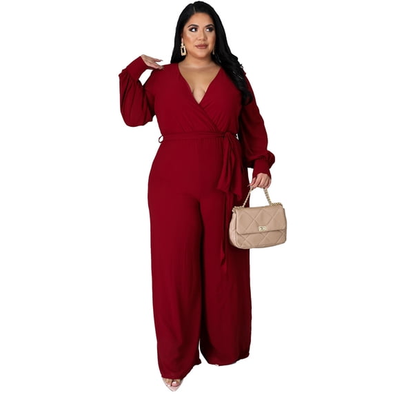 AURA Women Plus Size Jumpsuit Loose Fit High Waist Belted Casual Wide Leg Long Pants Outfit