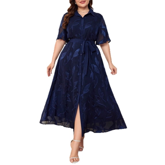 AURA Women Plus Size L Elegant Midi Dress Tie Waist Shirt Collar Office Dress