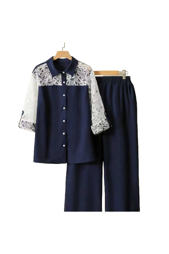 Women Plus Size Lace Two Piece Office Outfit Wide Leg Pants Long Sleeve Set