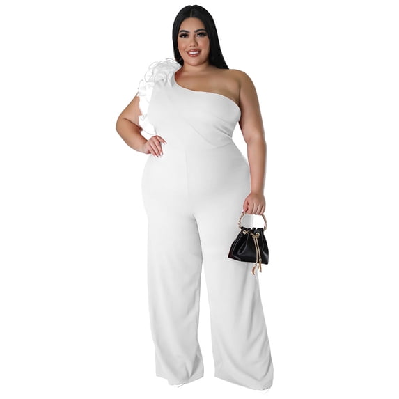AURA Women Plus Size One Shoulder Jumpsuit Wide Leg High Waist Casual Outfit Summer Elegant Romper
