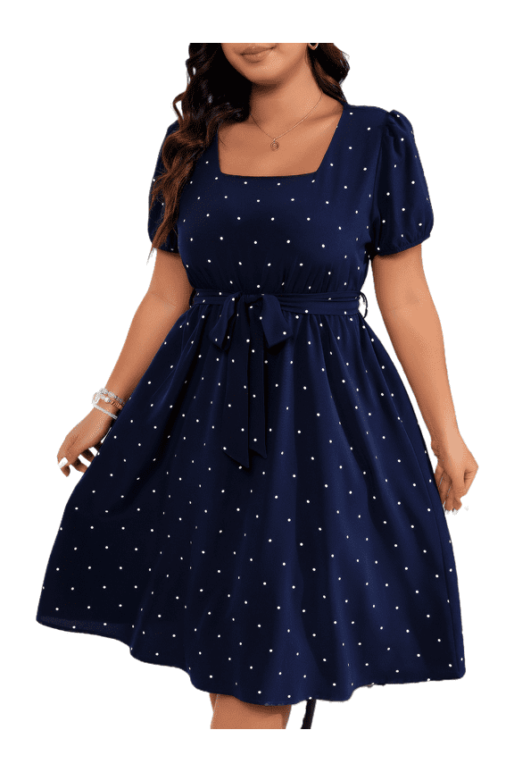 Women Plus Size Polka Dot Square Neck Midi Dress A Line Elegant Retro L 4XL