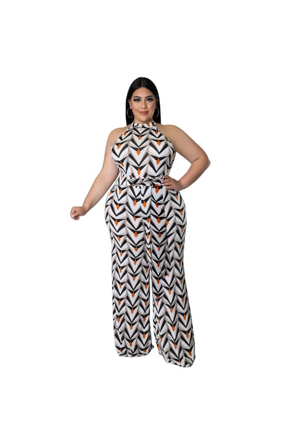 Women Plus Size Printed Jumpsuit High Waist Belted Wide Leg Casual Work Outfit