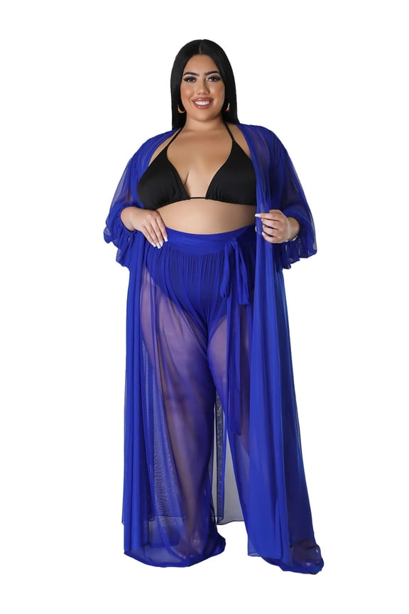 Women Plus Size Sheer Mesh Two Piece Set Batwing Sleeve Top Pants Outfit Casual
