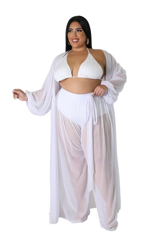 Women Plus Size Sheer Mesh Two Piece Set Batwing Sleeve Top Pants Outfit Casual