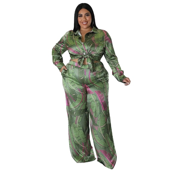 AURA Women Plus Size Silk Like Two Piece Outfit Casual Long Sleeve Printed Set