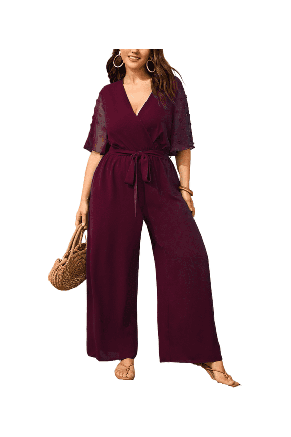 Women Plus Size V Neck Jumpsuit High Waist Belted Straight Pants 0XL-4XL