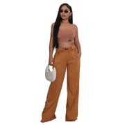 AURA Women Sexy Crop Top Wide Leg Pants Set Distressed Summer Outfit S-XXL