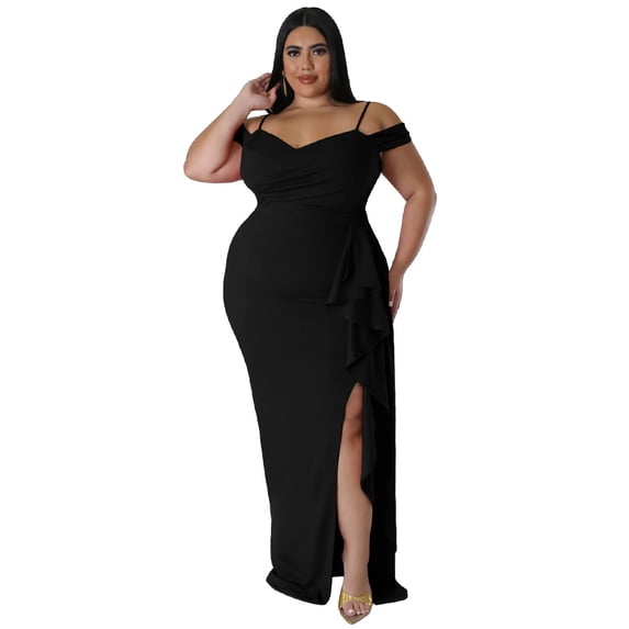 AURA Women Sexy V Neck High Slit Maxi Dress Spaghetti Strap Ruffle Party Club Dress