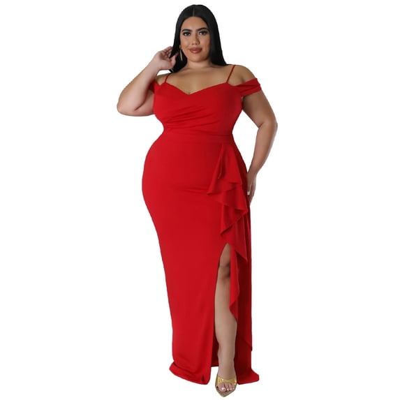 AURA Women Sexy V Neck High Slit Maxi Dress Spaghetti Strap Ruffle Party Club Dress