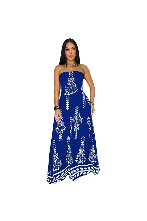 Women Strapless Jumpsuit Wide Leg High Waist Printed Summer Romper S-2XL