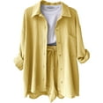 thumbnail image 1 of AURA Women Two Piece Outfit Long Sleeve Shirt Drawstring Shorts Casual Set, 1 of 3