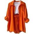 thumbnail image 1 of AURA Women Two Piece Outfit Long Sleeve Shirt Drawstring Shorts Casual Set, 1 of 8
