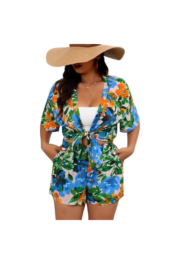 Women Two Piece Set Floral Print Shirt and Shorts Summer Outfit Polyester Casual Style Plus Size