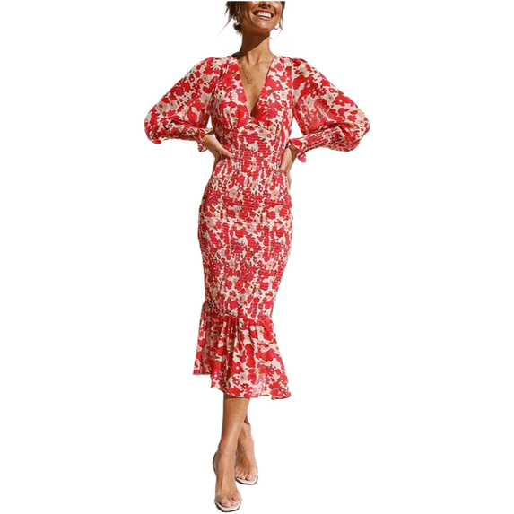 AURA Women V Neck Floral Midi Dress Long Sleeve Elastic Waist, Ruffle ...