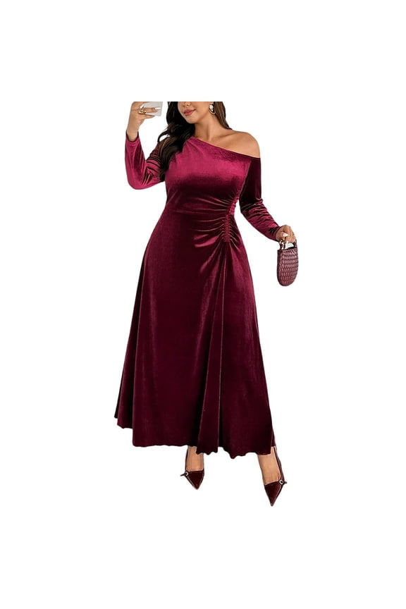 Women Velvet One Shoulder Long Sleeve Midi Dress Ruched High Waist A Line Flare Wine Red Plus Size