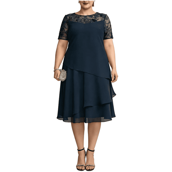 AURA Women Work Dress Chiffon Lace Office Dress Elegant Short Sleeve Midi Dress S 5XL