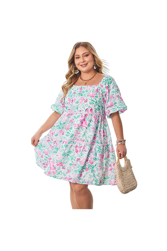 Women’s A Line Dress Floral Print Square Neck High Waist Puff Sleeve Short Dress L 4XL