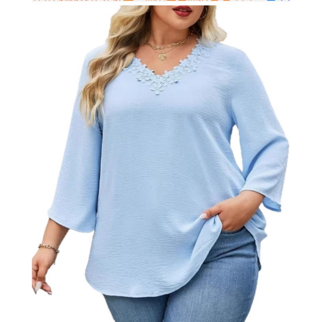 AURA Women's Blouse Plus Size V-Neck Lace Bell Sleeve Solid Color Loose ...