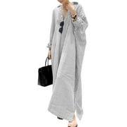 AURA Womens Casual Long Sleeve Button Down Loose Striped Cotton Maxi Shirt Dress