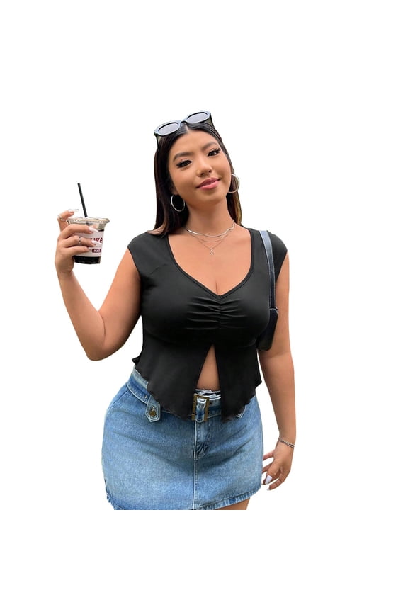 Women's Off Shoulder V Neck Knit Crop Top Slim Fit Short Sleeve Summer Top Black Plus Size 1XL 3XL